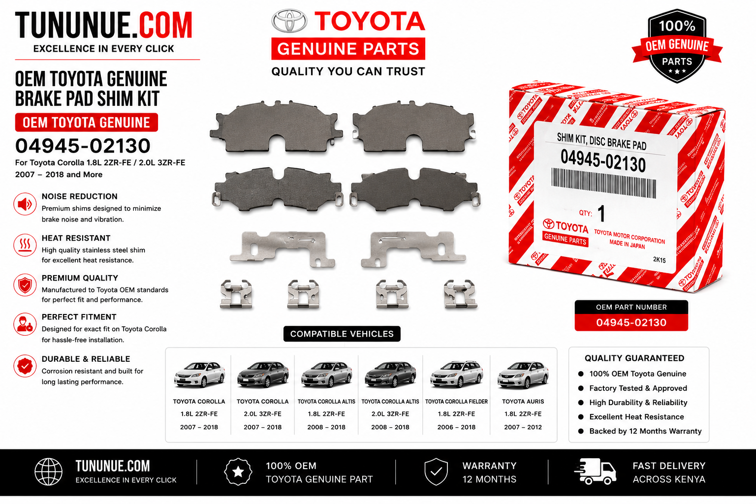 OEM Toyota Genuine Brake Pad Shim Kit 04945-02130 Corolla 1.8L 2ZR-FE / 2.0L 3ZR-FE