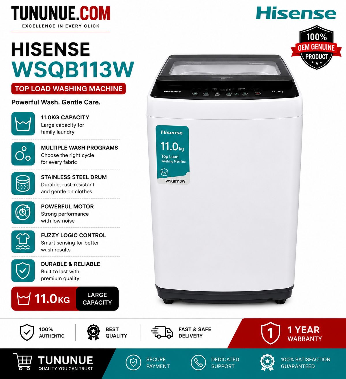 Hisense WSQB113W 11KG Top Load Washing Machine