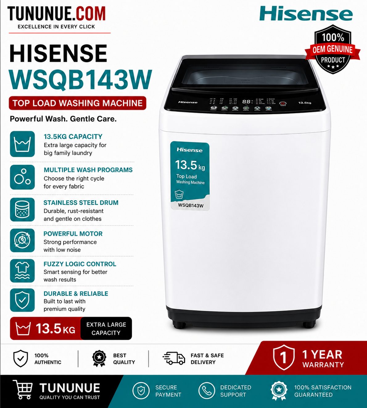 Hisense WSQB143W 13.5KG Top Load Washing Machine