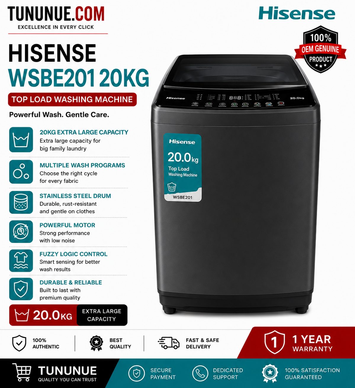 Hisense WSBE201 20KG Top Load Washing Machine