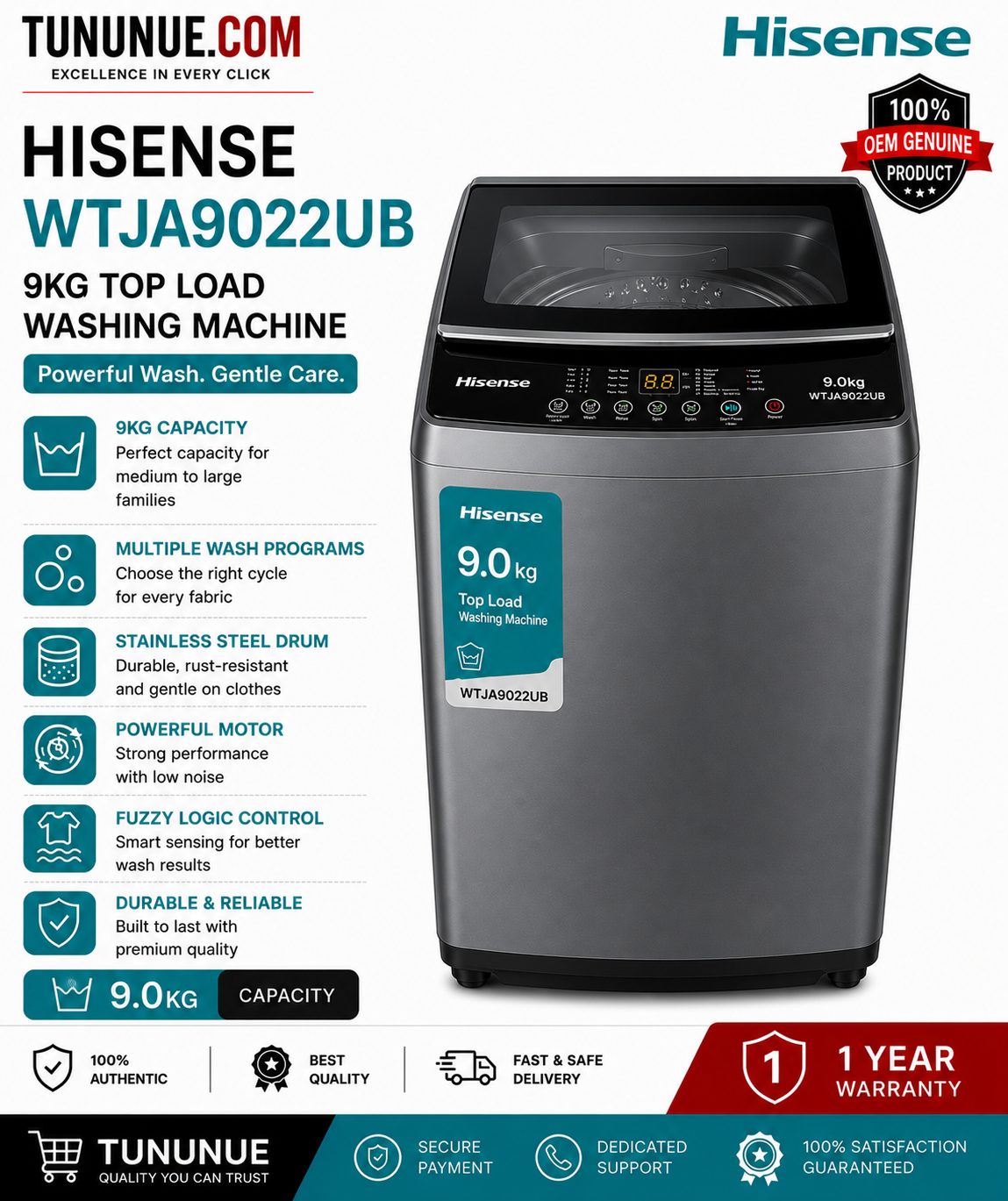 Hisense WTJA9022UB 9KG Top Load Washing Machine