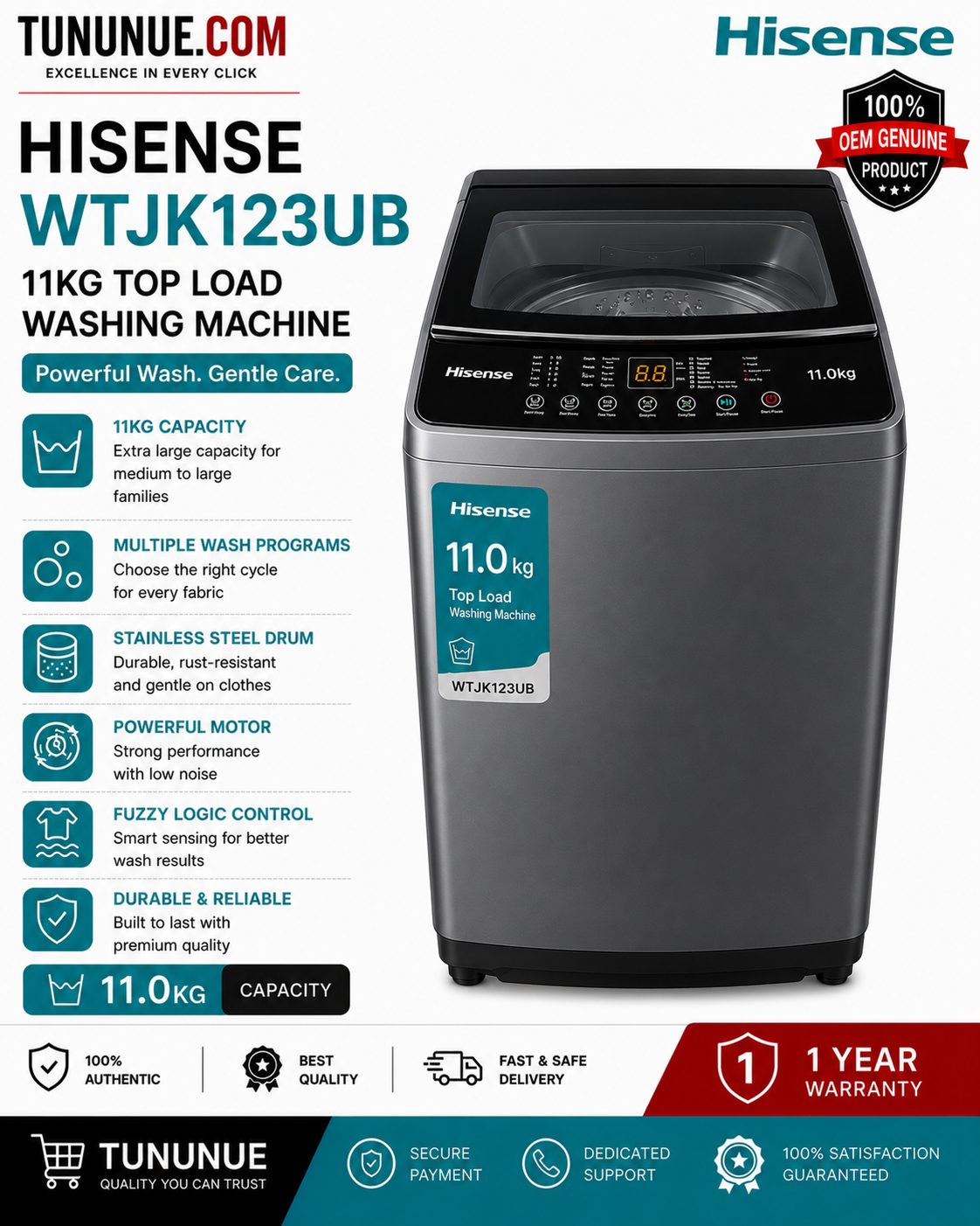 Hisense WTJK123UB 11KG Top Load Washing Machine