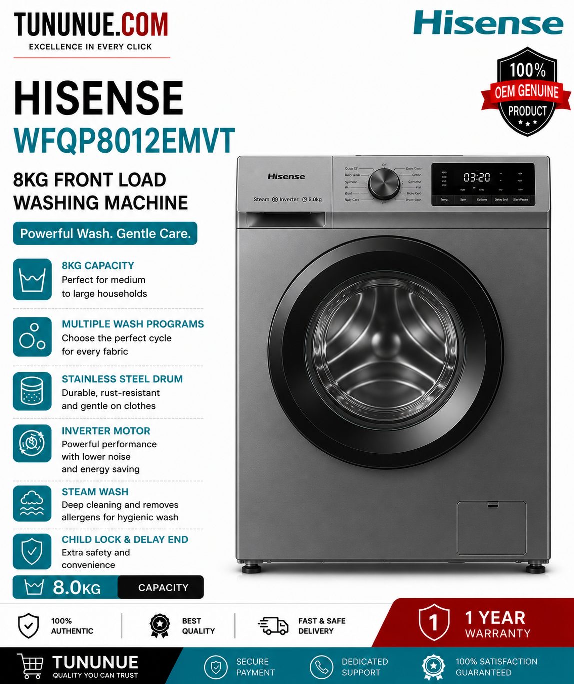 Hisense WFQP8012EMVT 8KG Front Load Washing Machine