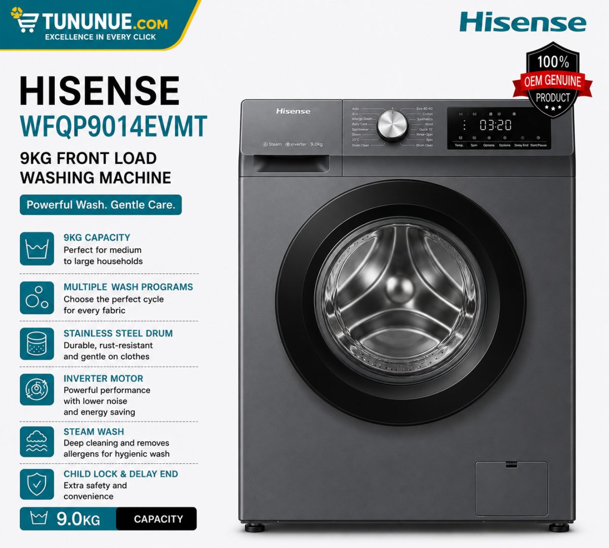Hisense WFQP9014EVMT 9KG Front Load Washing Machine