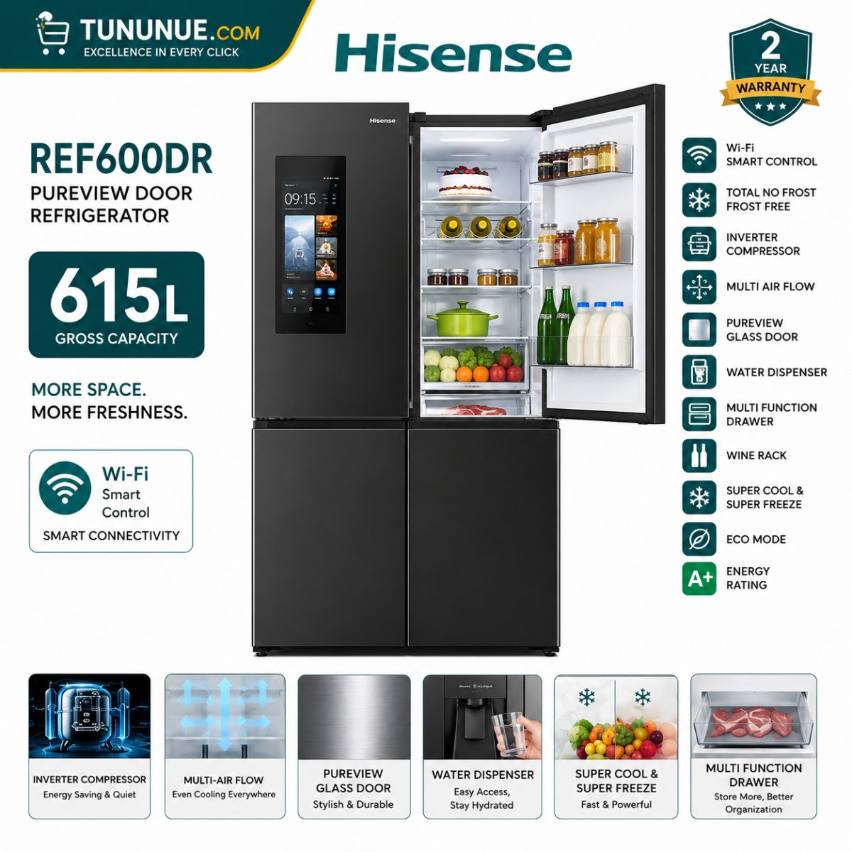Hisense REF600DR 615L PureView Door Refrigerator