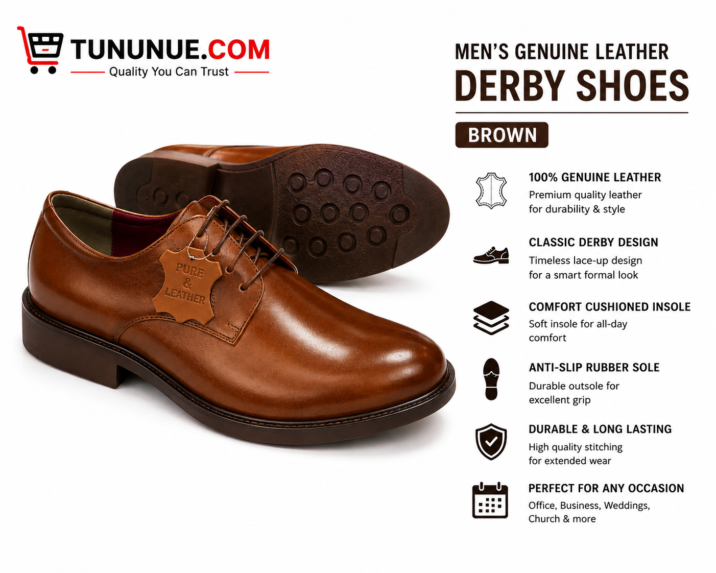 Men's Genuine Leather Brown Derby Shoes