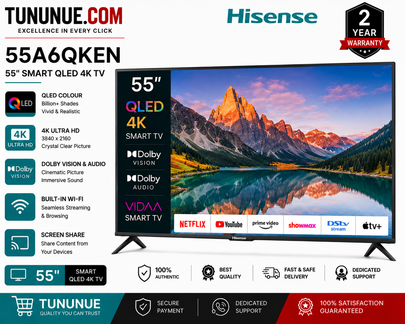 Hisense 55A6QKEN 55 Inch Smart QLED 4K UHD TV