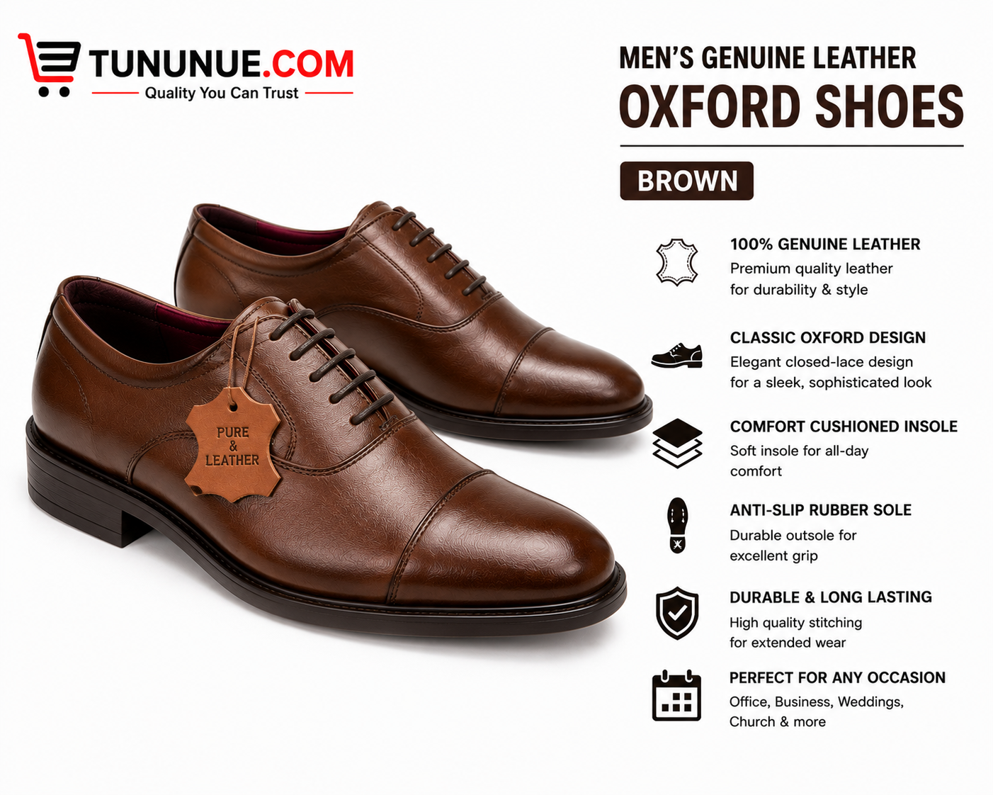 Men's Genuine Leather Brown Oxford Shoes