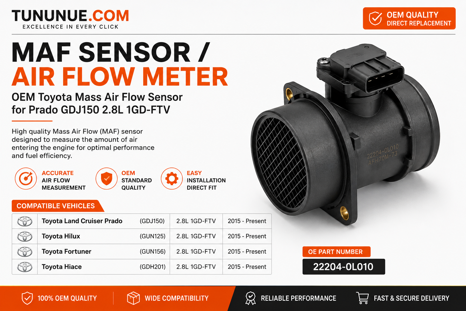 OEM Toyota MAF Sensor Air Flow Meter 22204-0L010 Prado GDJ150 2.8L 1GD-FTV