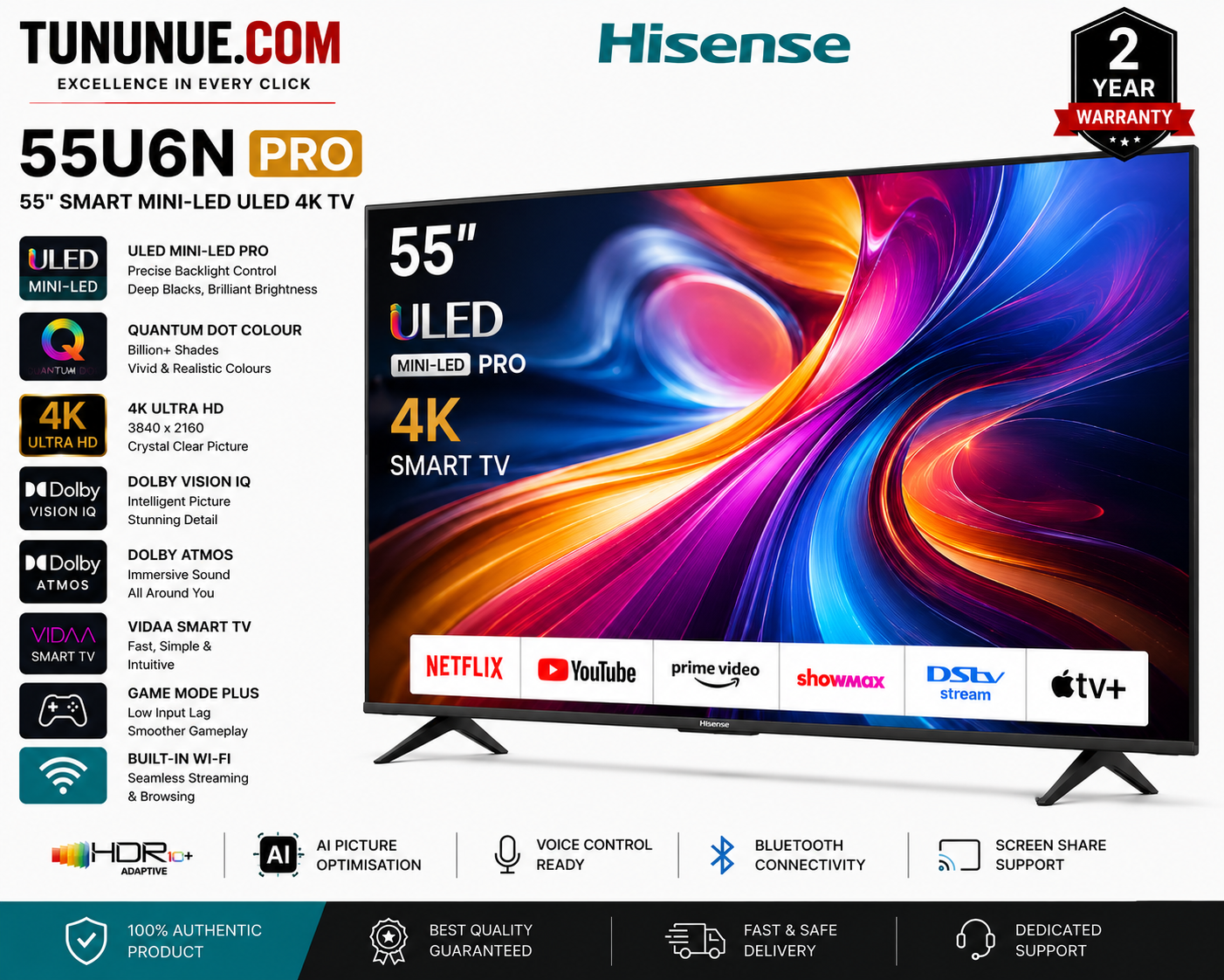 Hisense 55U6N PRO 55 Inch Smart Mini-LED ULED 4K UHD TV