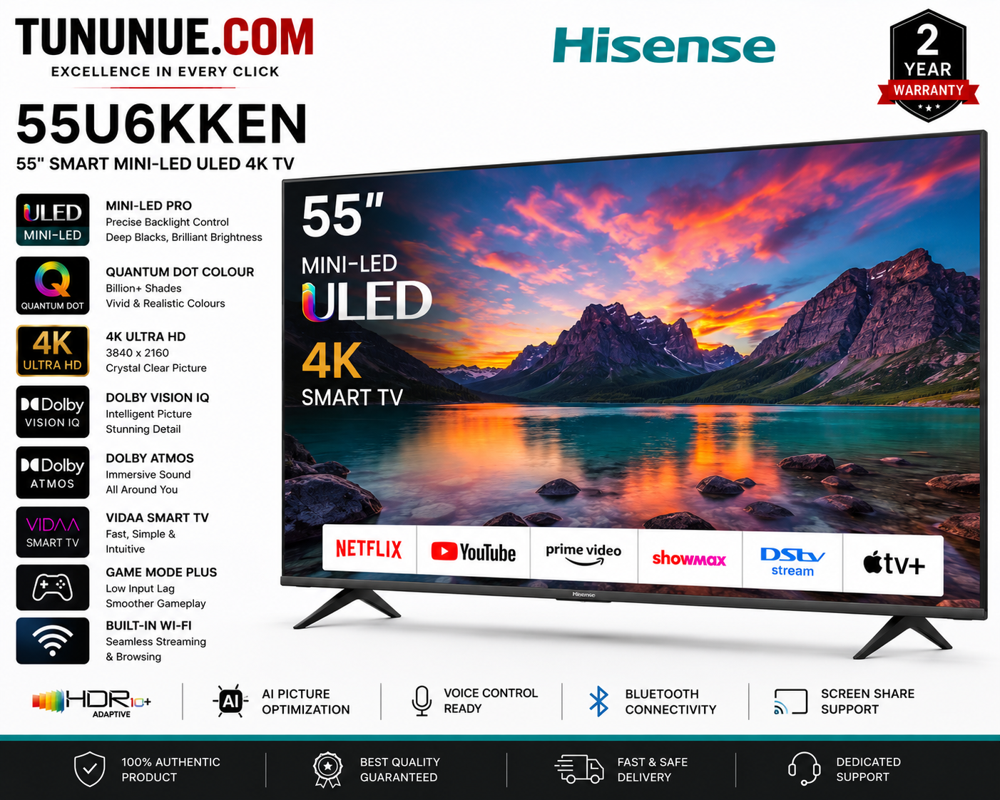 Hisense 55U6KKEN 55 Inch Smart Mini-LED ULED 4K UHD TV
