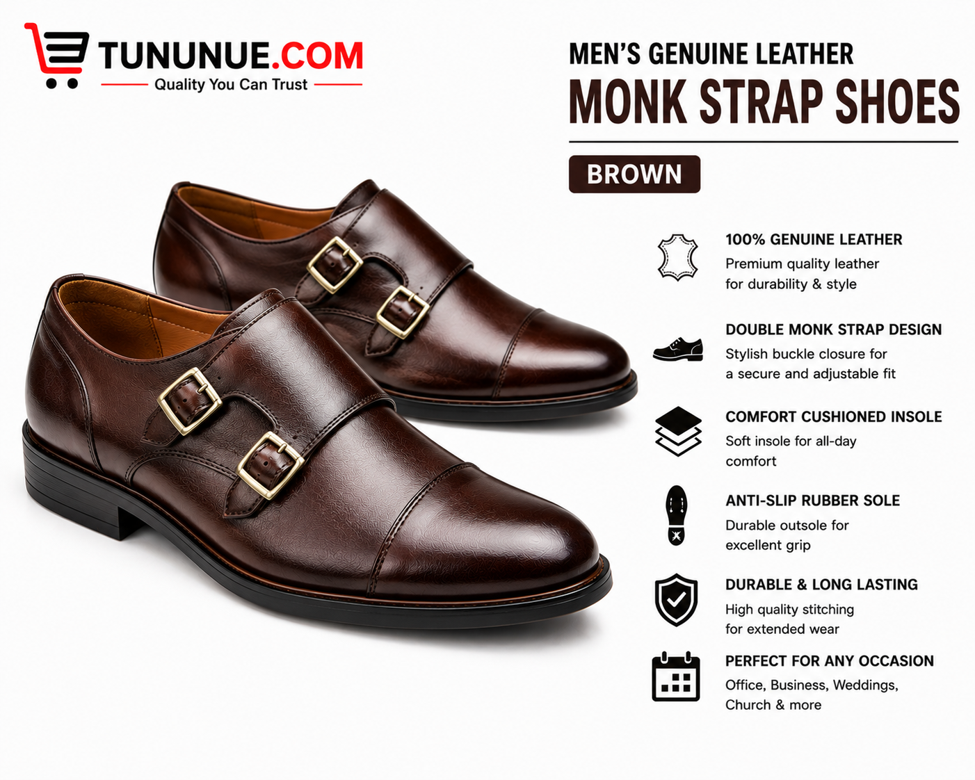 Men's Genuine Leather Brown Double Monk Strap Shoes