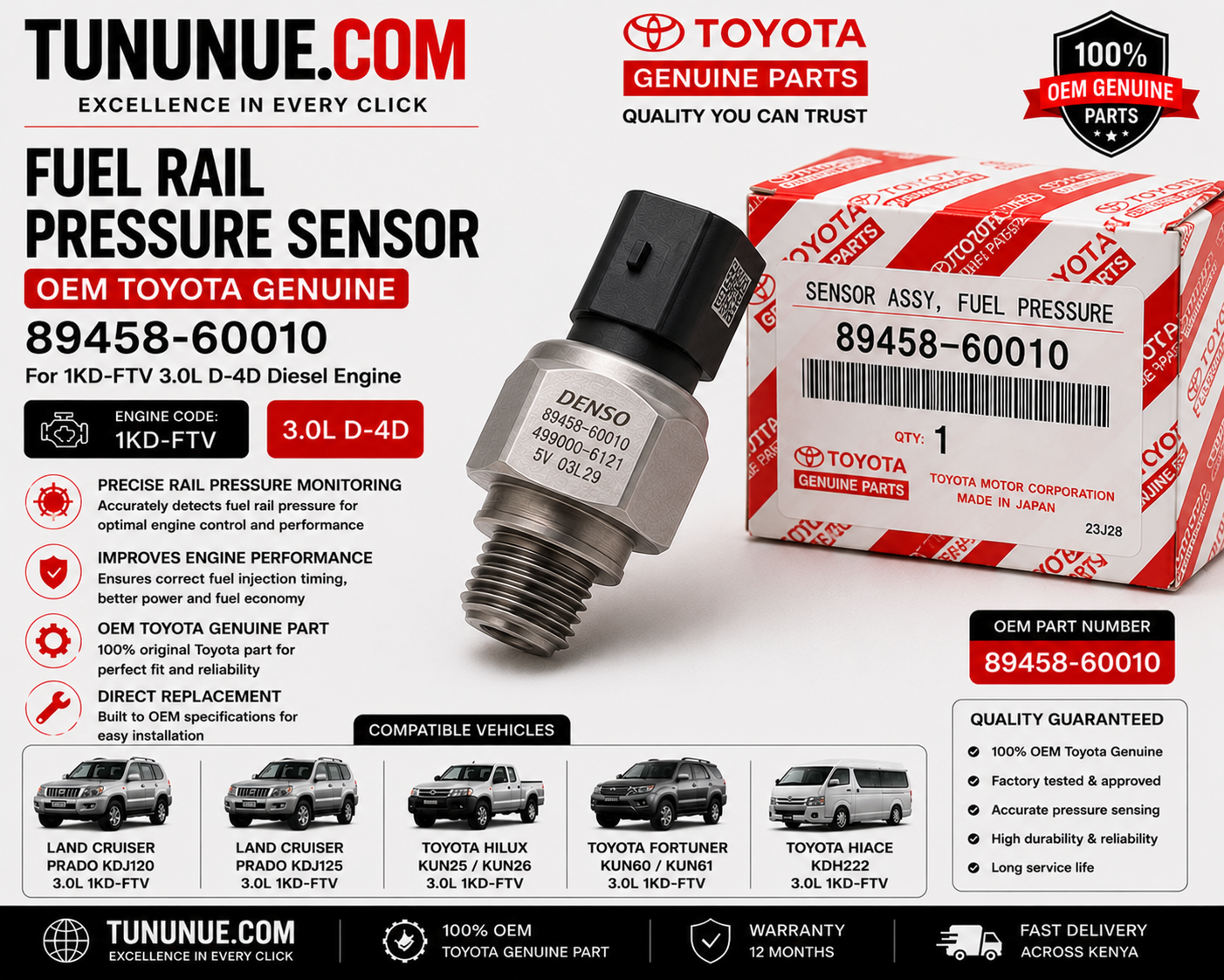 OEM Toyota Genuine Fuel Rail Pressure Sensor 89458-60010 Prado J120 3.0L 1KD-FTV