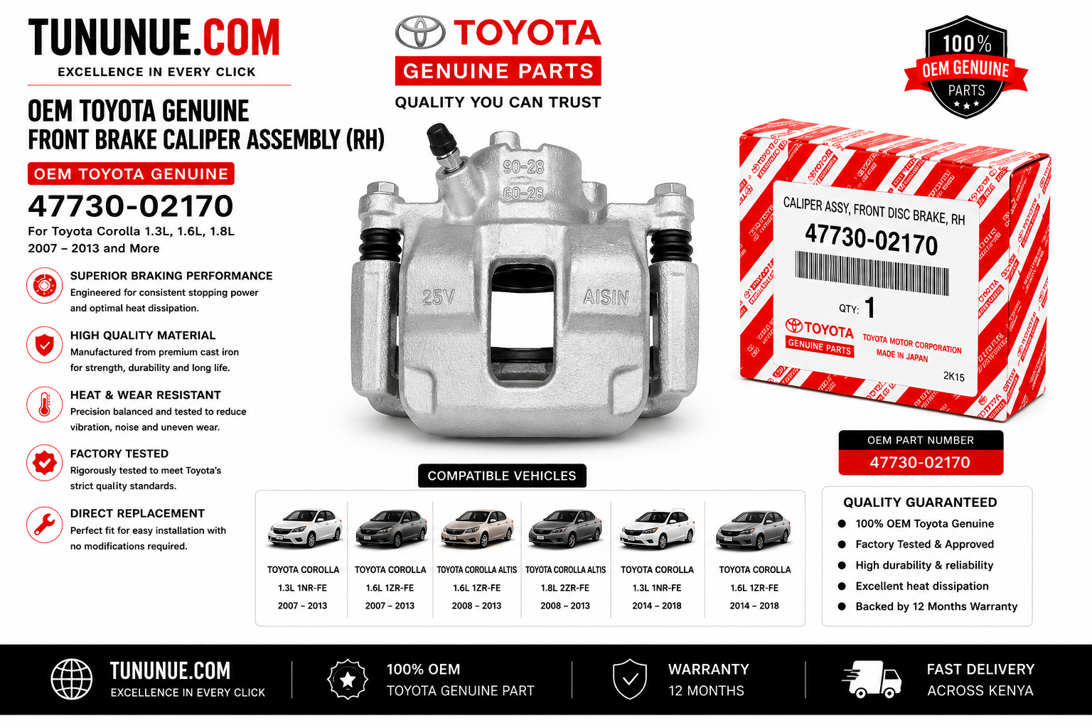 OEM Toyota Genuine Front Brake Caliper Assembly RH 47730-02170 Corolla 1.8L 2ZR-FE / 2.0L 3ZR-FE