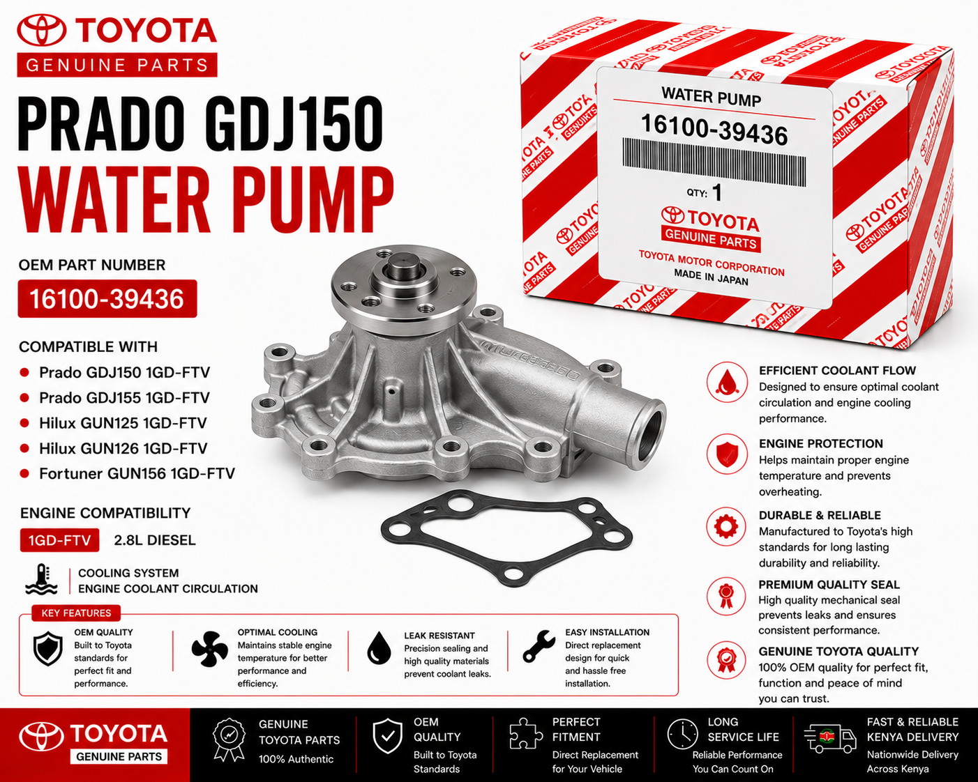 OEM Toyota Water Pump 16100-39436 Prado GDJ150 2.8L 1GD-FTV